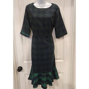 Retro Stage Medium/Large Tartan Plaid Midi Dress Green Navy Mermaid Ruffle NWT